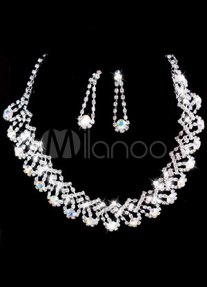 Fashion Silver Alloy Rhinestone Pearl Earrings Necklace Wedding Bridal Jewelry Set pearl bridal jewelry set