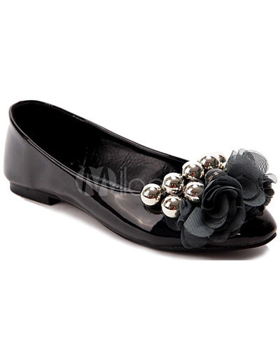 Flower Flat Shoes on Black Pu Beads Flower Decoration Womens Flat Shoes   Milanoo Com