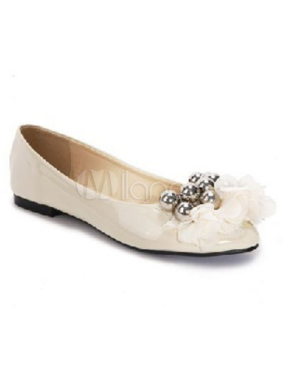 Flower Flat Shoes on White Pu Beads Flower Decoration Womens Flat Shoes   Milanoo Com