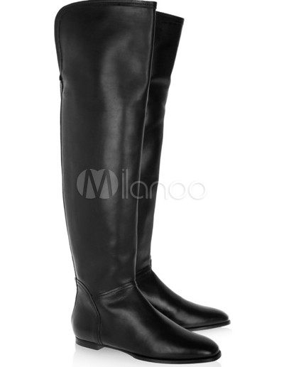 Womens Flat on Fashion Black Sheepskin And Pu Flat Knee High Boots   Milanoo Com