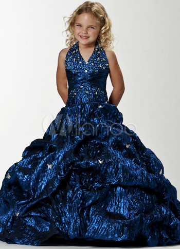Navy Blue Lace V-Neck Flower Girl Pageant Dress