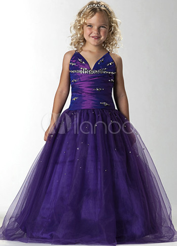 Fabulous Purple V-Neck Net Flower Girl Pageant Dress