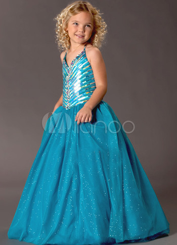 Blue Tulle Floor Length V-Neck Girl Pageant Dress