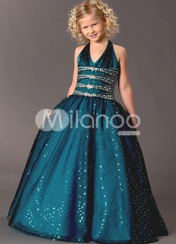 Deep Green Lace Floor Length V-Neck Girl's Pageant Dress