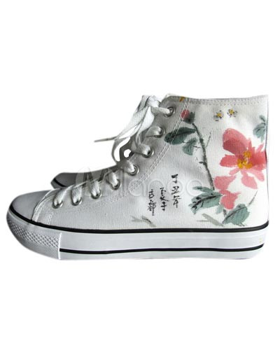 Canvas Lace Shoes on Unique White Canvas Rubber Lace Up Womens Painted Shoes   Milanoo Com