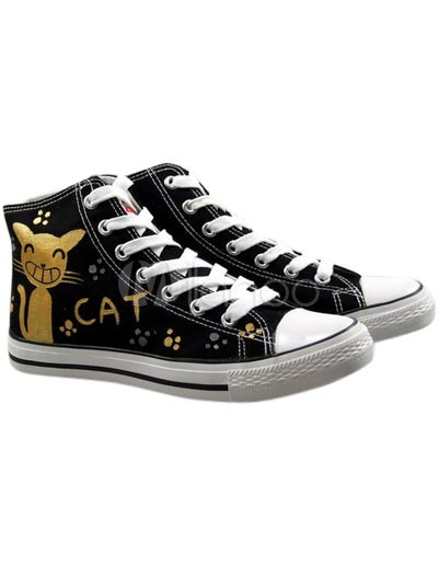 Canvas Lace Shoes on Vogue Black Canvas Cat Fish Lace Up Ladies Painted Shoes   Milanoo
