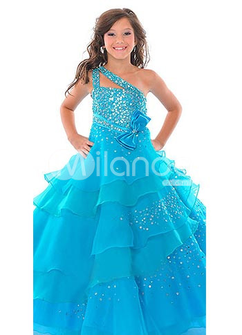 Gorgeous Blue Tulle One Shoulder Floor Length Girls Pageant Dress