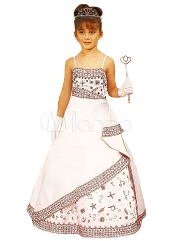 Beautiful White Satin Floor Length Girl Pageant Dress