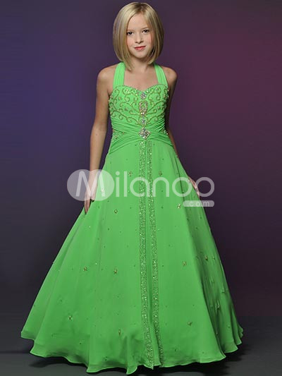 Gorgeous Green Chiffon Floor Length Girls Pageant Dress