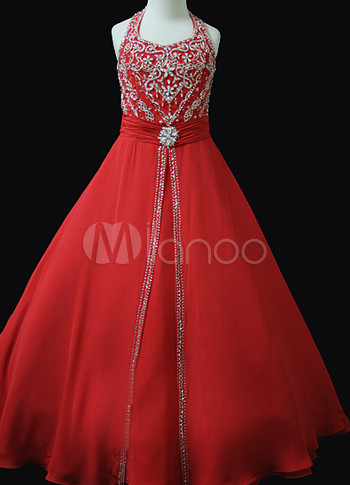 Gorgeous Red Chiffon Halter Floor Length Girls Pageant Dress