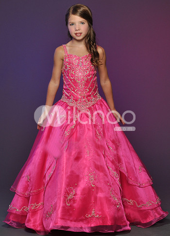 Gorgeous Fuchsia Tulle Floor Length Girls Pageant Dress