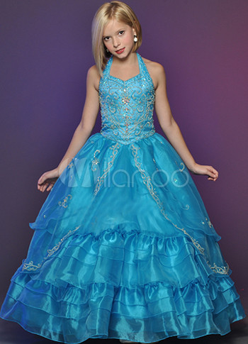 Gorgeous Blue Soft Yarn Floor Length Girl Pageant Dress