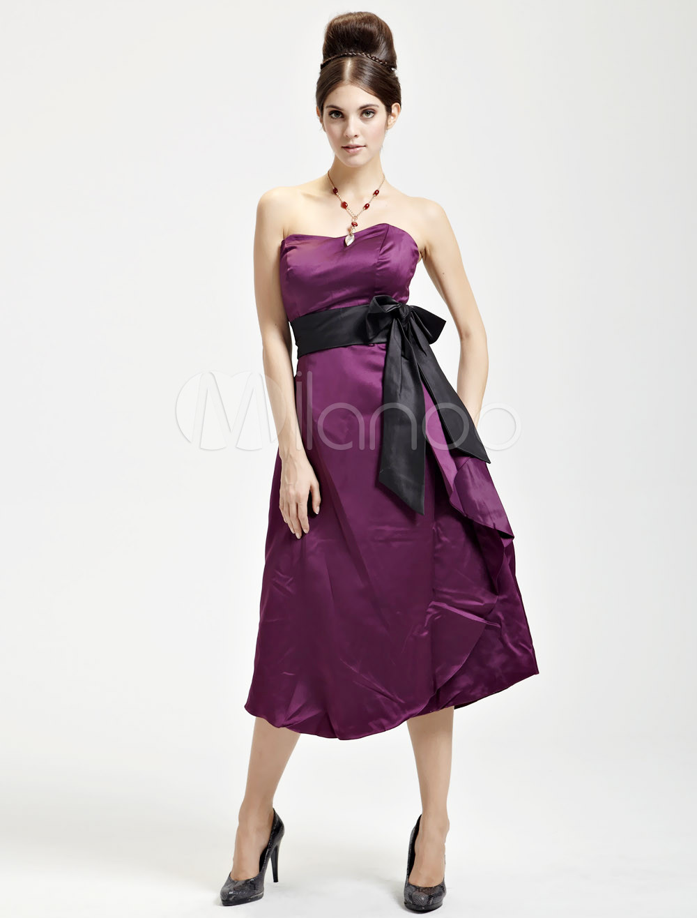 Attractive Dark Purple Satin Strapless Sash Ladies Evening Dress