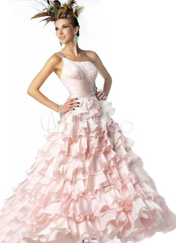 Pretty Pink Tulle One Shoulder Floor Length Prom Dress