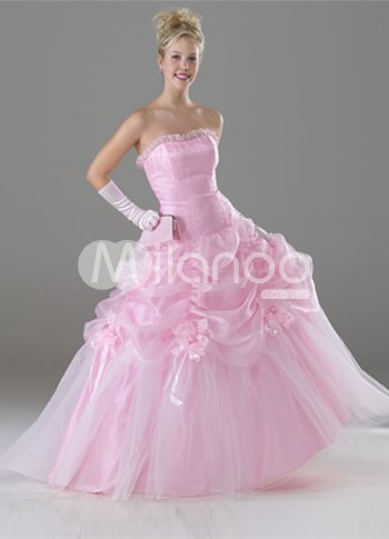 Pink Tulle Strapless Floor Length Princess Prom Dress