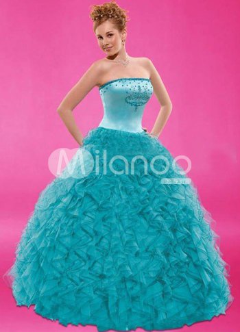 Sweet Blue Satin Strapless Floor Length Princess Prom Dress