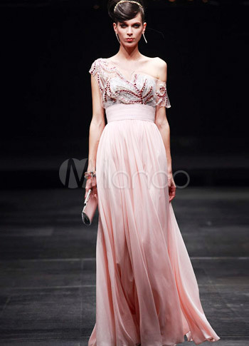 Pink Ball Gown One-Shoulder Beading Chiffon Net Floor Length Evening Dress
