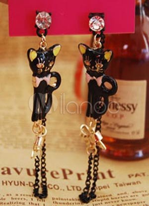 Black Cat Retro Tassel 8cm Alloy Womens Clubwear Earrings