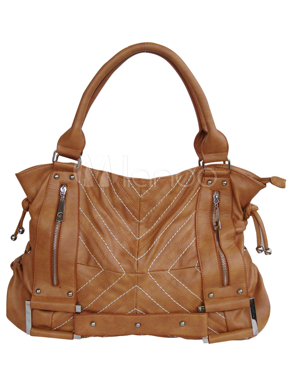 Brown PU 45*15*32cm Zipper Studded Ladies Tote Handbag