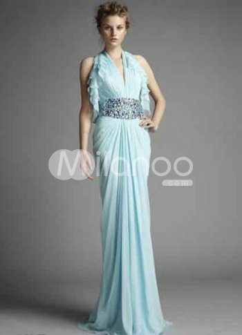 Sky Blue Chiffon Halter V-Neck Ladies Evening Dress