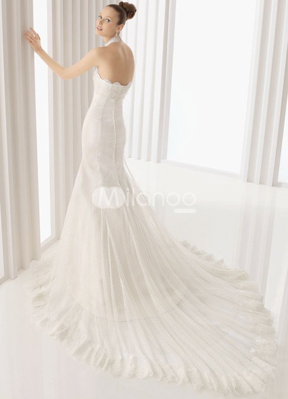 Elegant White Net Strapless Mermaid Trumpet Column Wedding Dress