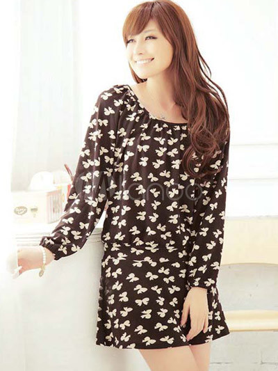 Sweet Coffee Flannel Round Collar Long Sleeves Womens Dress