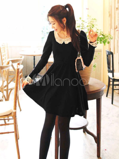 Black Long Sleeves Round Neck Terylene Cotton Cashmere Corset Dress