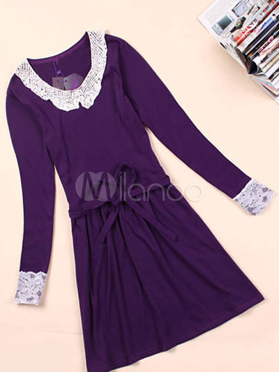 Purple Long Sleeves Round Neck Terylene Cotton Cashmere Corset Dress