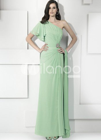 Sage One-Shoulder Floor Length Chiffon Prom Dresses