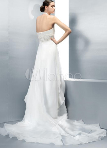 Aline White Satin Sweep Halter Wedding Dress