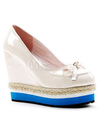 Apricot 4 3/4 High Heel 1 3/5" Platform Bow Patent Leather Womens Wedge Shoes"