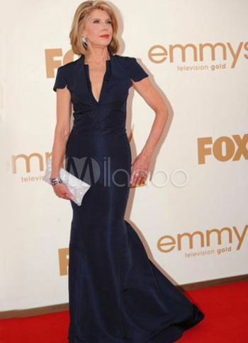 Blue Christine Baranski V-Neck Floor Length Taffeta Emmy Awards Dress