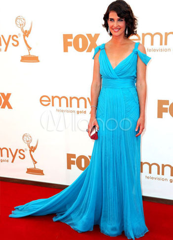Blue Cobie Smulders V-Neck Sweep Tulle Emmy Awards Dress