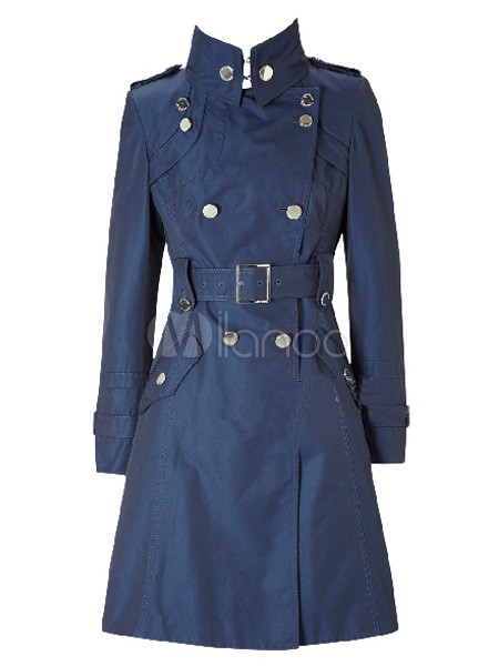 Blue Double-Breasted 100% Terylene Womens Trench Coat