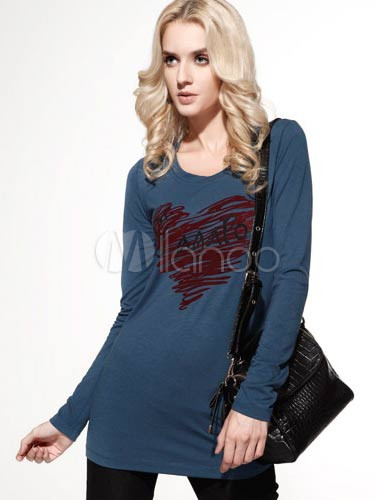 Blue 35% Viscose Acetal Fiber 65% Terylene Heart Printing Womens Long Sleeves T-Shirt