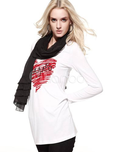 White 35% Viscose Acetal Fiber 65% Terylene Heart Printing Womens Long Sleeves T-Shirt