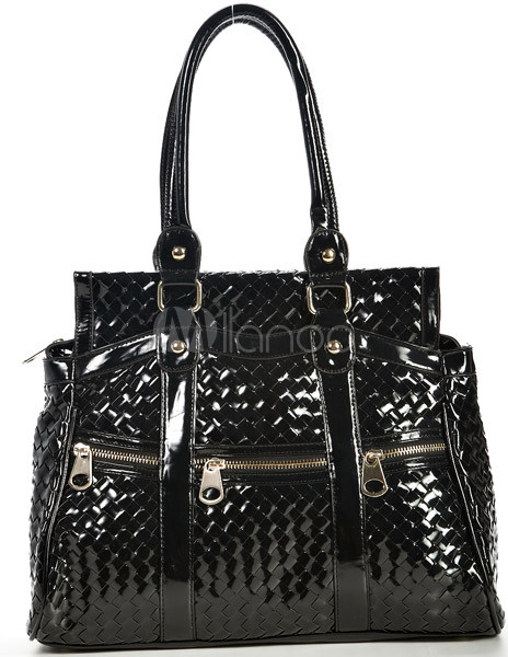 Black Knitting Pattern Zip 35*17*32cm PU Tote For Women