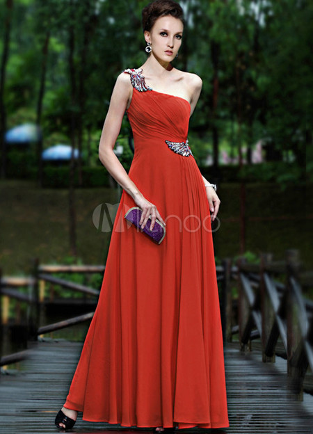 Sexy Red One-Shoulder Beading Elastic Chiffon Womens Evening Dress