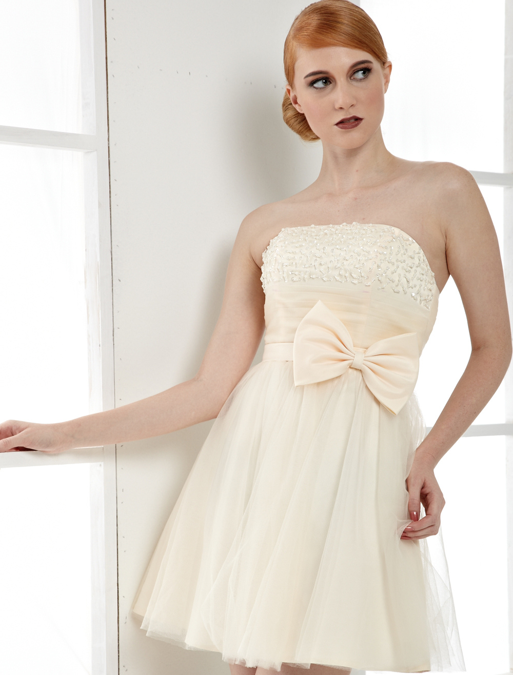 Champagne Strapless Bow Net Cocktail Dress (Wedding Cheap Party Dress) photo