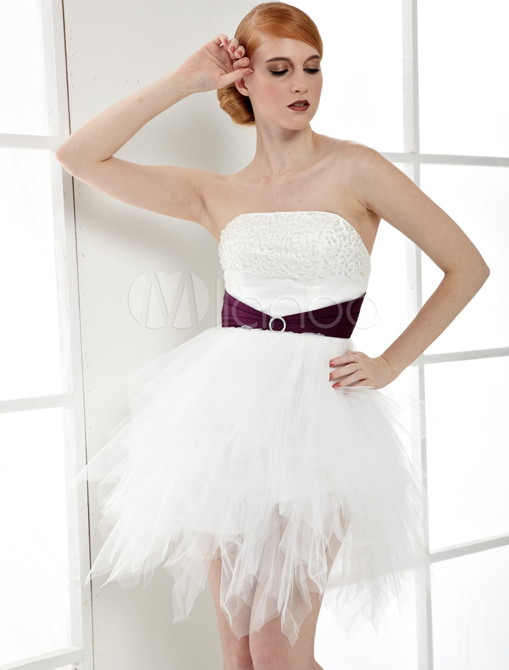 White Strapless Beaded Net Sash Cocktail Dress