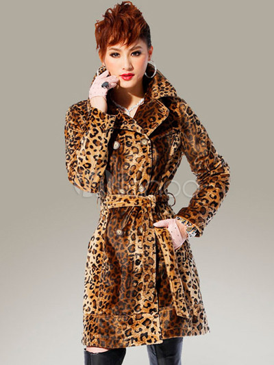 Coffee Leopard Double-Breasted Acrylic Polyester Womens Fur Coat