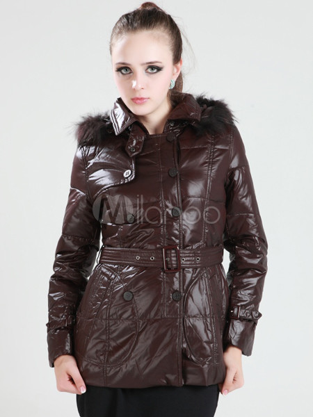 Coffee White Duck Down Turndown Collar Womens Down Jacket