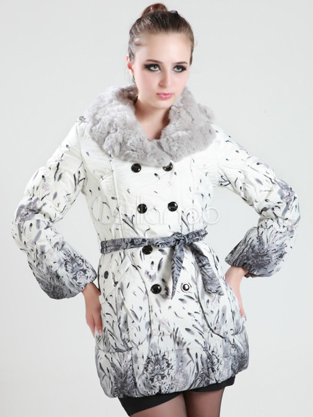 Pretty Gray White Duck Down Cony Hair Collar Double-breasted Womens Down Jacket