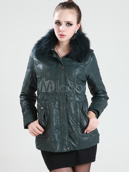 Dark Green White Duck Down Cony Hair Collar Womens Down Jacket
