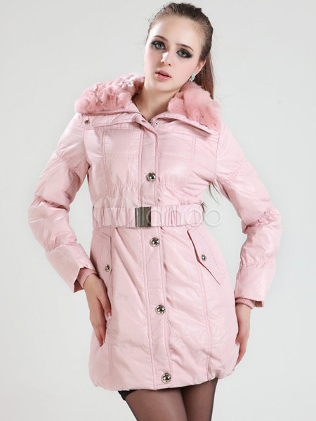 Sweet Pink White Duck Down Cony Hair Collar Womens Down Jacket