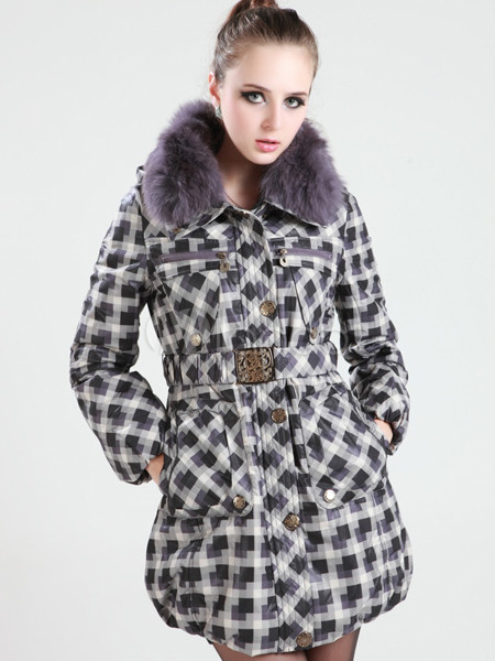 Black Plaid White Duck Down Cony Hair Collar Womens Down Jacket