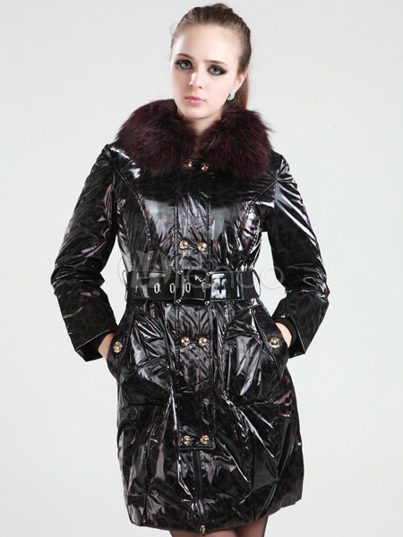 Purple Leopard White Duck Down Cony Hair Collar Womens Down Jacket