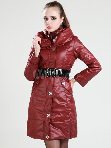 Elegant Burgundy Stand Collar White Duck Down Womens Down Jacket