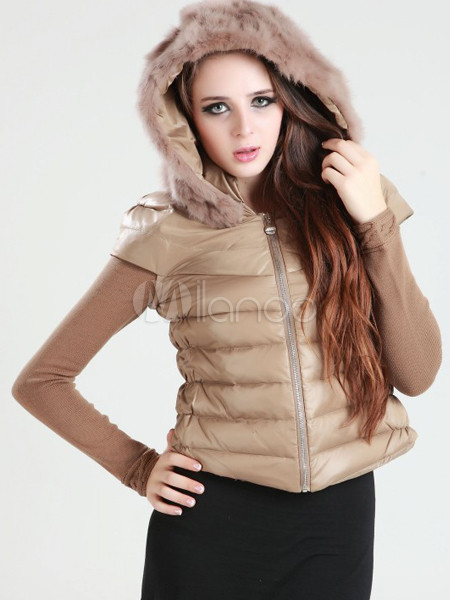 Camel Stand Collar Hooded White Duck Down Womens Down Jacket