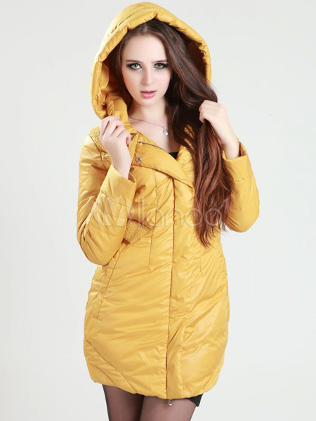 Gorgeous Yellow Hooded White Duck Down Womens Down Jacket